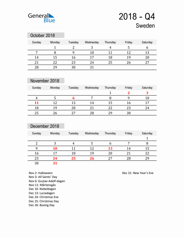 Sweden Quarter 4 2018 Calendar with Holidays