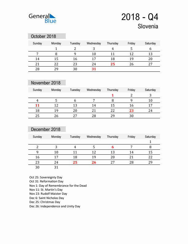 Slovenia Quarter 4 2018 Calendar with Holidays