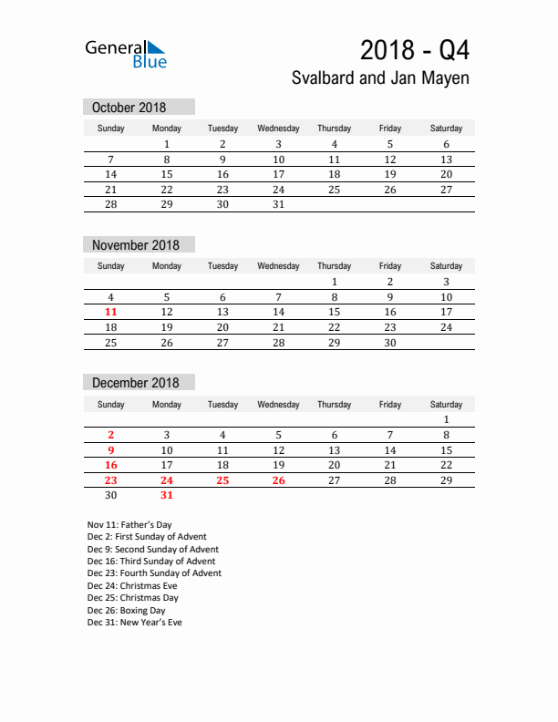 Svalbard and Jan Mayen Quarter 4 2018 Calendar with Holidays