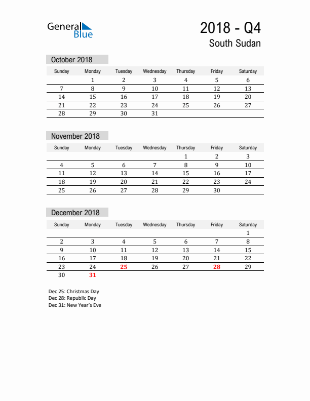 South Sudan Quarter 4 2018 Calendar with Holidays