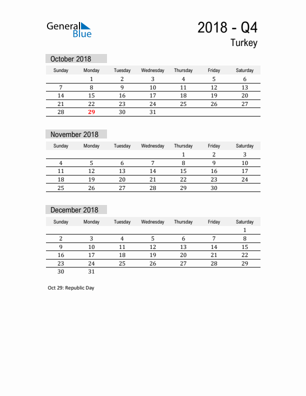 Turkey Quarter 4 2018 Calendar with Holidays