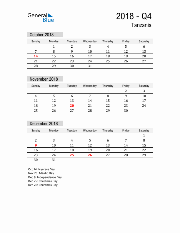 Tanzania Quarter 4 2018 Calendar with Holidays