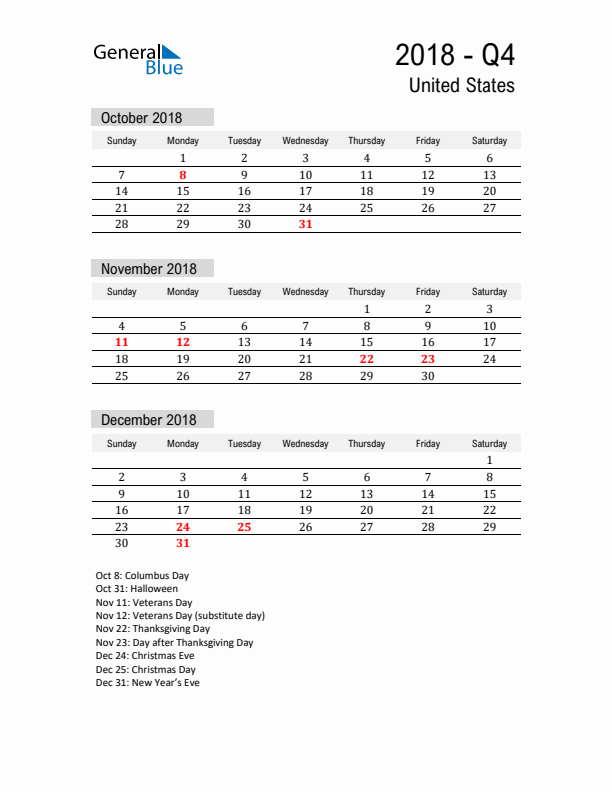 United States Quarter 4 2018 Calendar with Holidays