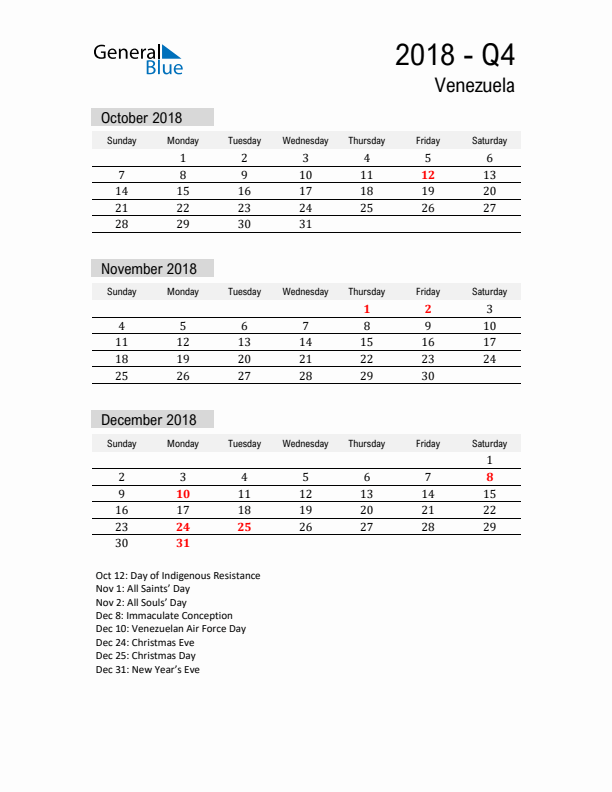 Venezuela Quarter 4 2018 Calendar with Holidays