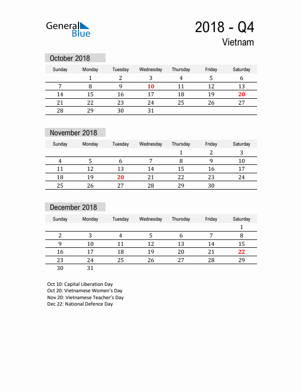 Vietnam Quarter 4 2018 Calendar with Holidays