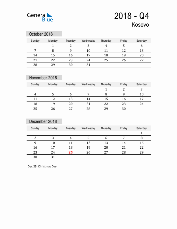 Kosovo Quarter 4 2018 Calendar with Holidays