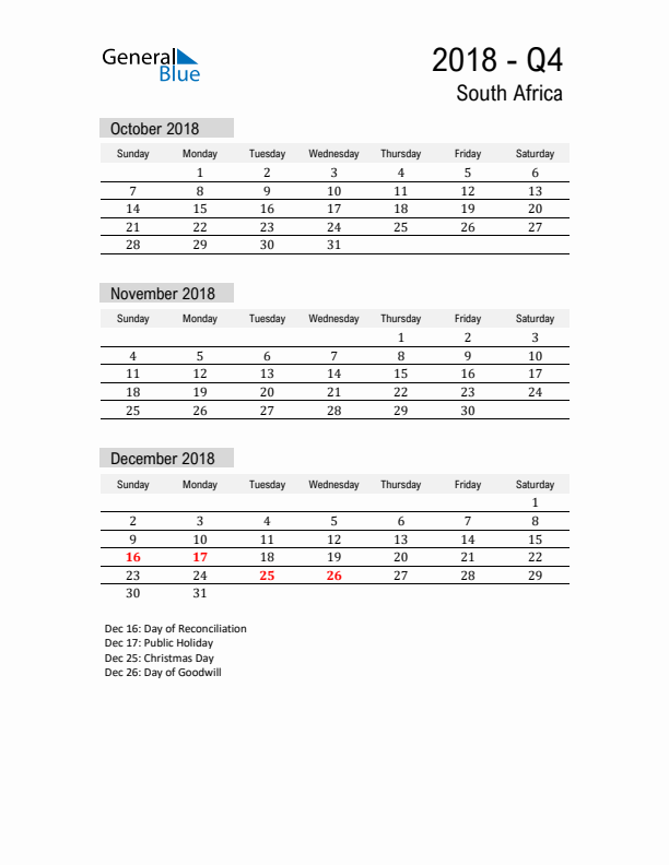 South Africa Quarter 4 2018 Calendar with Holidays