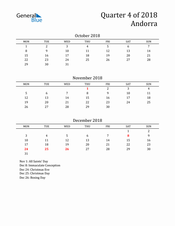 Quarter 4 2018 Andorra Quarterly Calendar