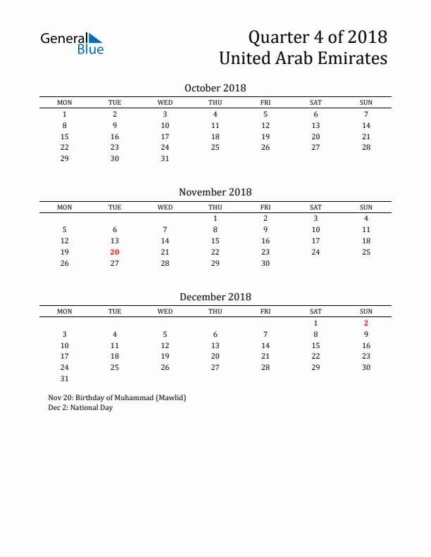 Quarter 4 2018 United Arab Emirates Quarterly Calendar