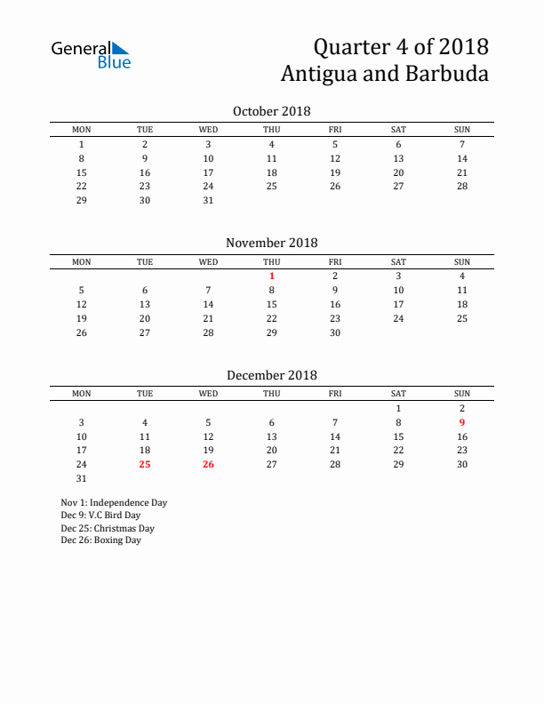 Quarter 4 2018 Antigua and Barbuda Quarterly Calendar