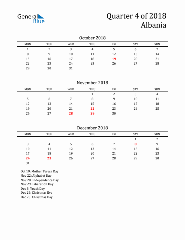 Quarter 4 2018 Albania Quarterly Calendar