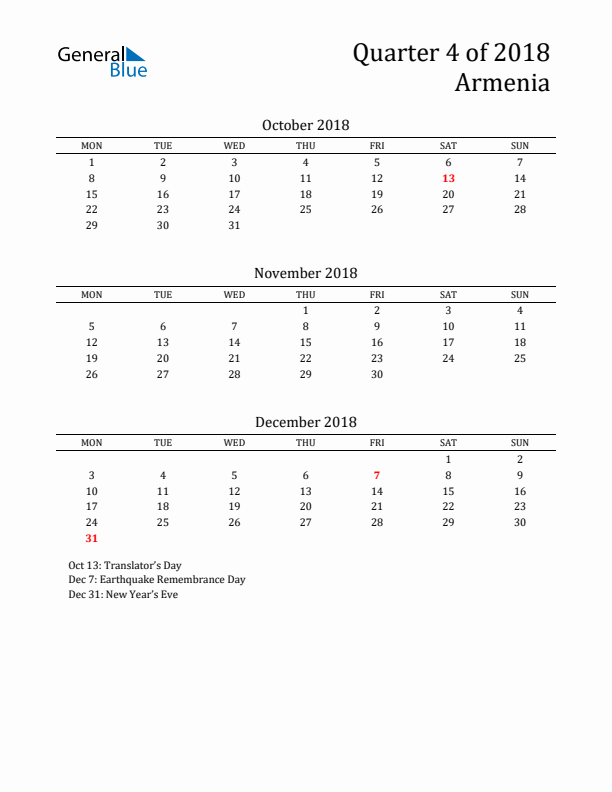 Quarter 4 2018 Armenia Quarterly Calendar