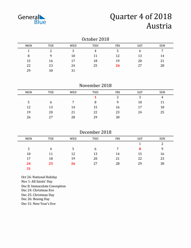 Quarter 4 2018 Austria Quarterly Calendar