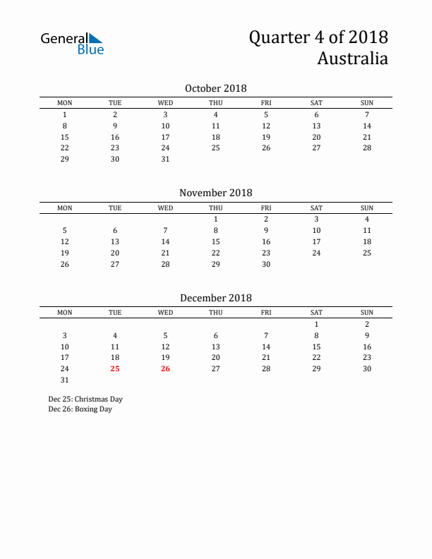 Quarter 4 2018 Australia Quarterly Calendar