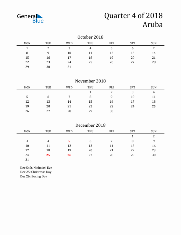 Quarter 4 2018 Aruba Quarterly Calendar