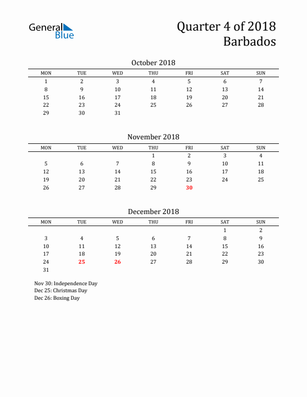 Quarter 4 2018 Barbados Quarterly Calendar