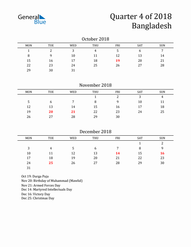 Quarter 4 2018 Bangladesh Quarterly Calendar