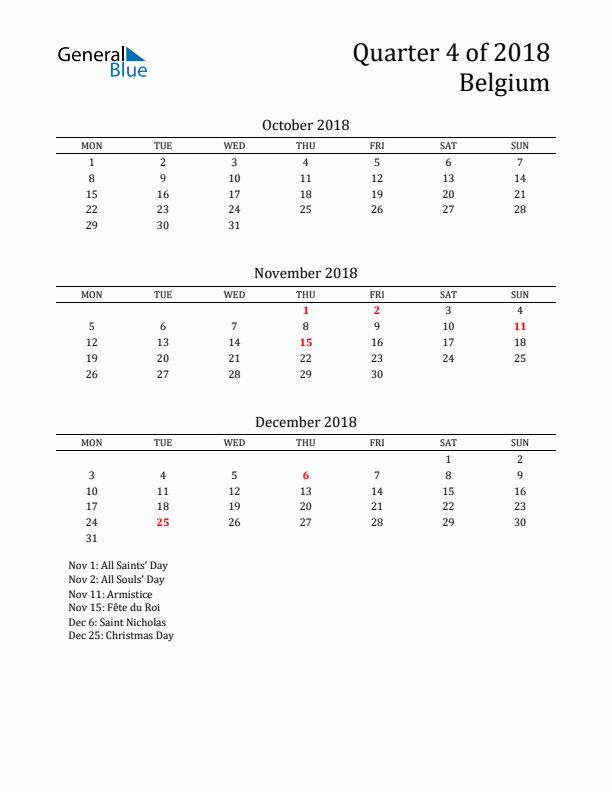 Quarter 4 2018 Belgium Quarterly Calendar