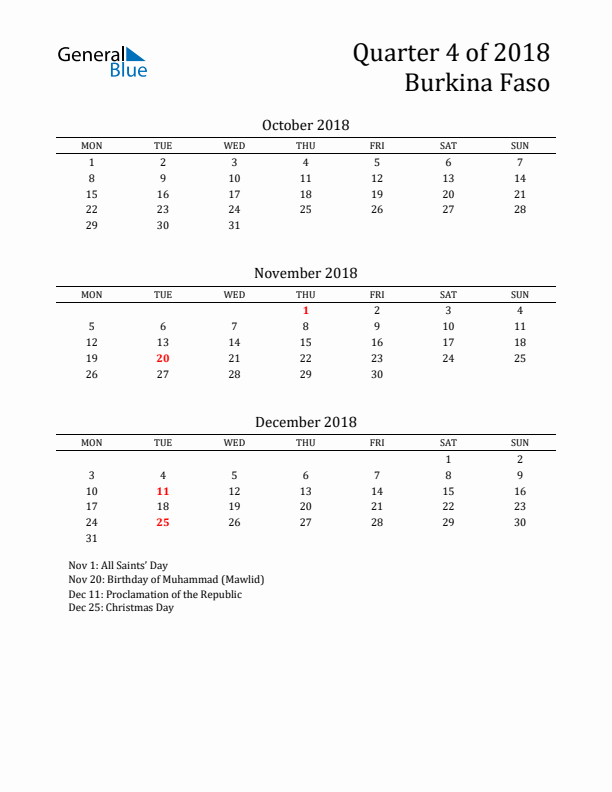 Quarter 4 2018 Burkina Faso Quarterly Calendar