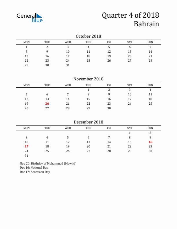 Quarter 4 2018 Bahrain Quarterly Calendar