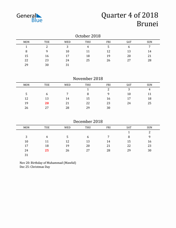 Quarter 4 2018 Brunei Quarterly Calendar