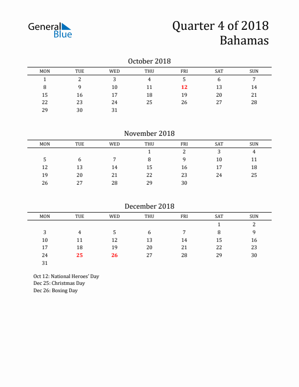 Quarter 4 2018 Bahamas Quarterly Calendar