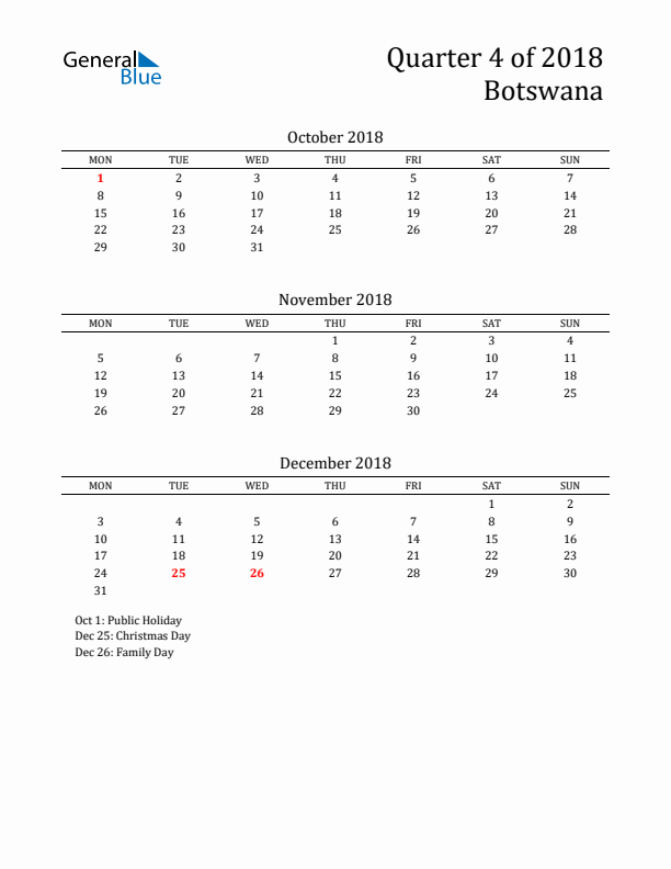 Quarter 4 2018 Botswana Quarterly Calendar