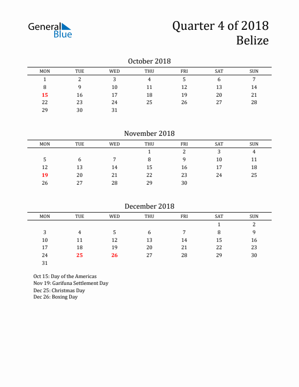 Quarter 4 2018 Belize Quarterly Calendar