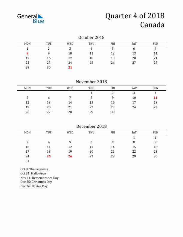 Quarter 4 2018 Canada Quarterly Calendar