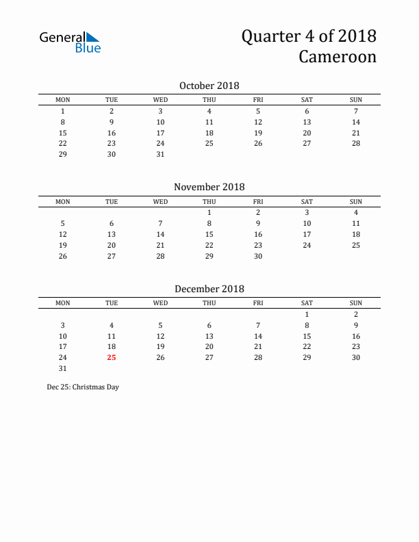 Quarter 4 2018 Cameroon Quarterly Calendar