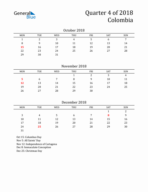 Quarter 4 2018 Colombia Quarterly Calendar