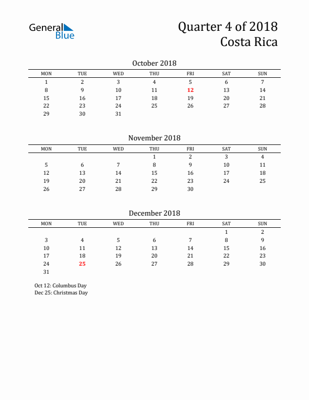 Quarter 4 2018 Costa Rica Quarterly Calendar