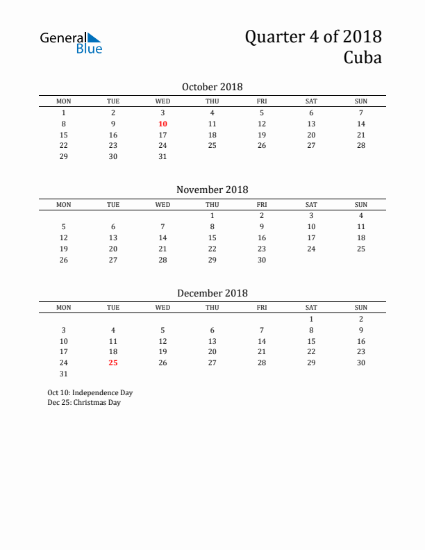 Quarter 4 2018 Cuba Quarterly Calendar