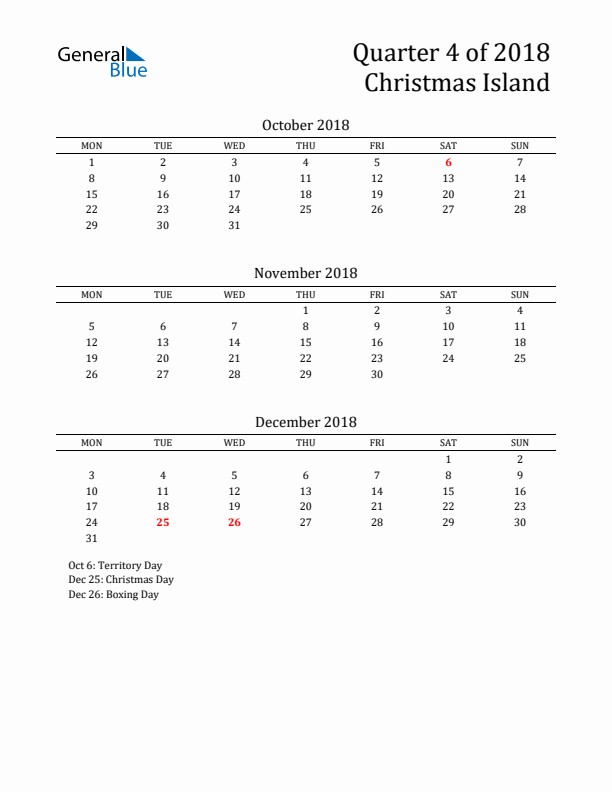 Quarter 4 2018 Christmas Island Quarterly Calendar