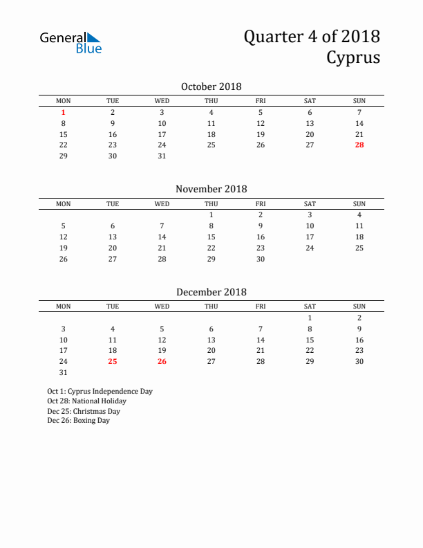 Quarter 4 2018 Cyprus Quarterly Calendar