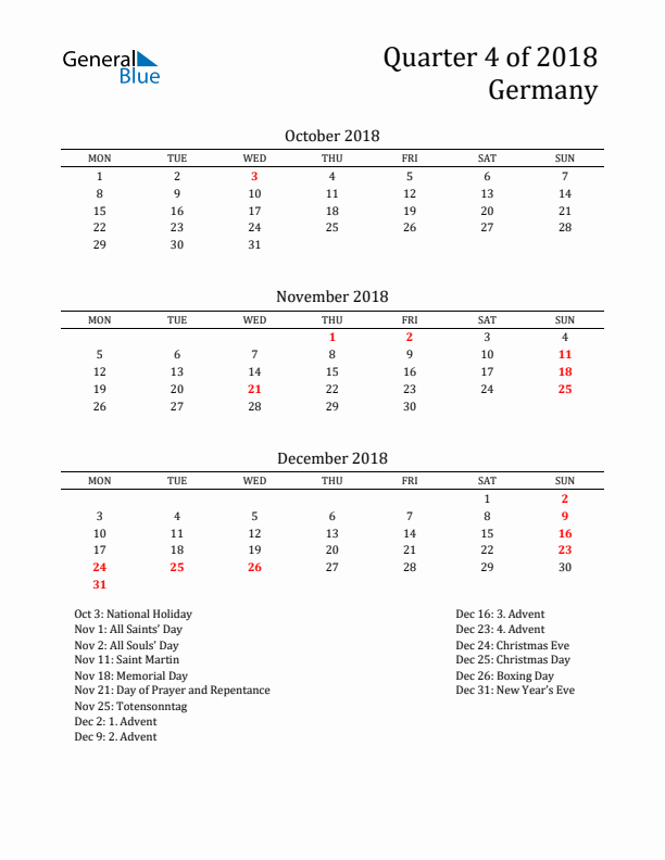 Quarter 4 2018 Germany Quarterly Calendar