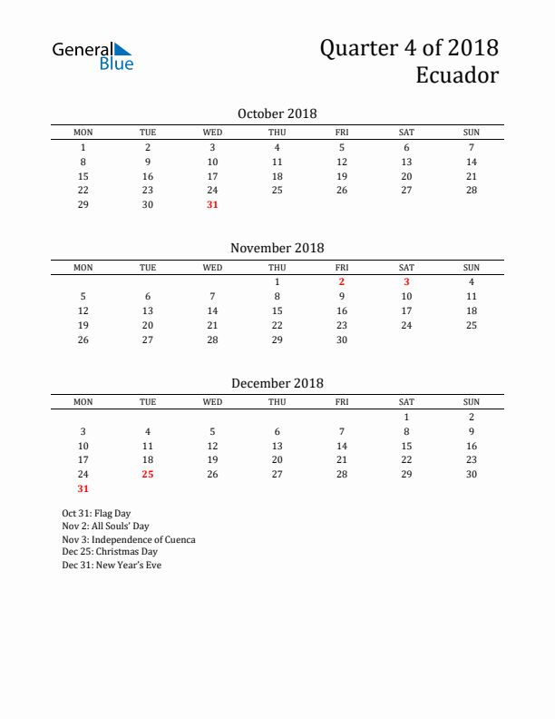 Quarter 4 2018 Ecuador Quarterly Calendar