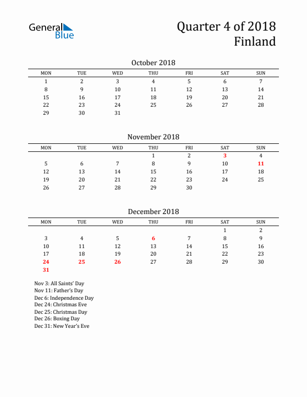 Quarter 4 2018 Finland Quarterly Calendar