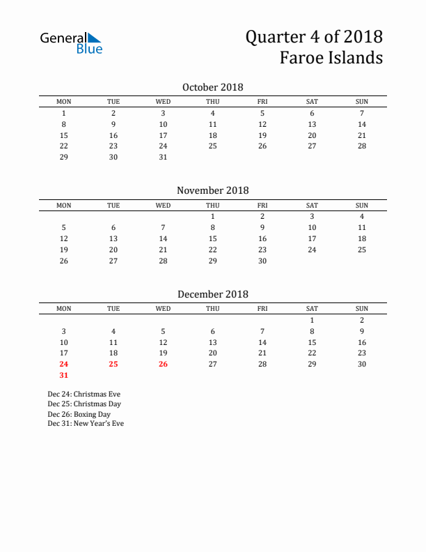 Quarter 4 2018 Faroe Islands Quarterly Calendar