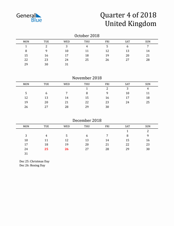 Quarter 4 2018 United Kingdom Quarterly Calendar