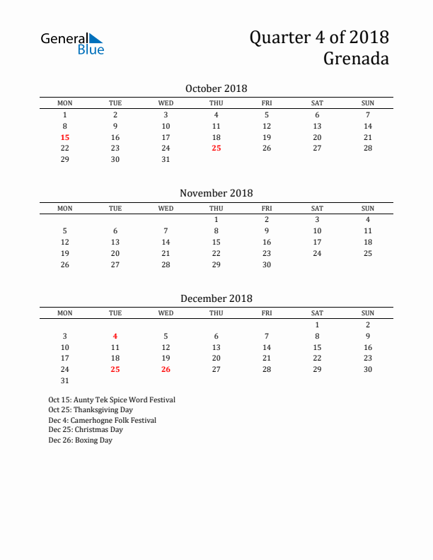 Quarter 4 2018 Grenada Quarterly Calendar