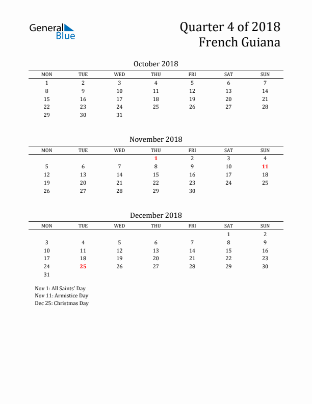 Quarter 4 2018 French Guiana Quarterly Calendar