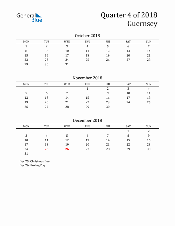 Quarter 4 2018 Guernsey Quarterly Calendar