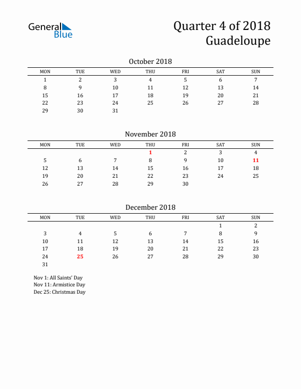 Quarter 4 2018 Guadeloupe Quarterly Calendar