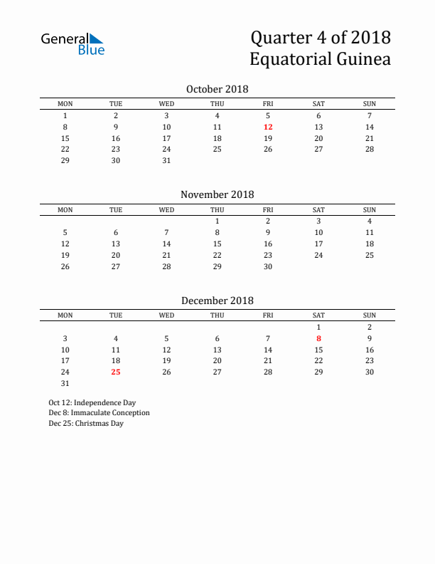 Quarter 4 2018 Equatorial Guinea Quarterly Calendar