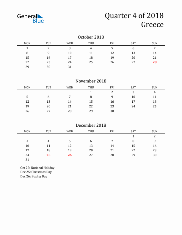 Quarter 4 2018 Greece Quarterly Calendar