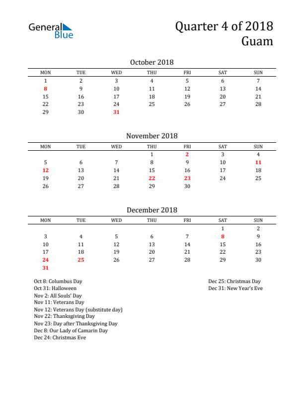 Quarter 4 2018 Guam Quarterly Calendar