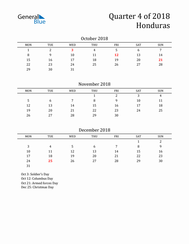 Quarter 4 2018 Honduras Quarterly Calendar