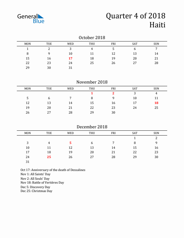 Quarter 4 2018 Haiti Quarterly Calendar