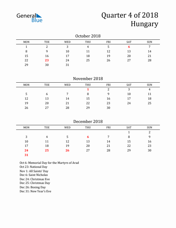 Quarter 4 2018 Hungary Quarterly Calendar